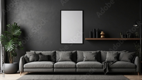 A Cozy Dark Living Room Interior Featuring a Grey Sofa for Relaxation and Comfort
