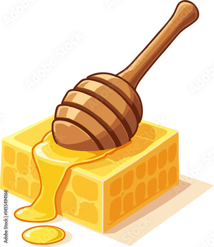 Sweet Honeycomb Logo with Dripping Honey and Wooden Dipper – Vector Style