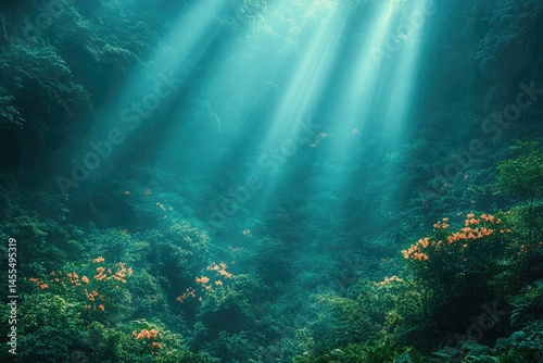 Wallpaper Mural Sunbeams shine through dense jungle foliage with orange flowers. Use to evoke a peaceful, fantasy landscape or natural beauty. Torontodigital.ca