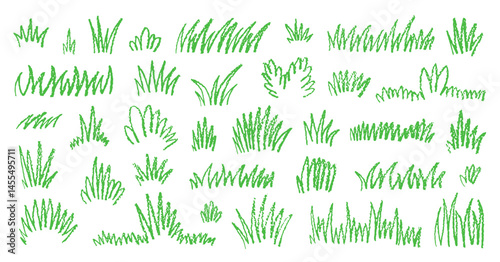 Grass line crayon background. Doodle vector grass, hand drawn sketch. Green brush, pencil, pastel, chalk or marker field. Sketch texture. Green color line watercolor garden icon. Field meadow paint bg