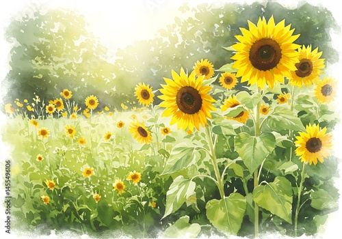 Impressionist watercolor scene of sunflowers swaying in a summer breeze on a golden field