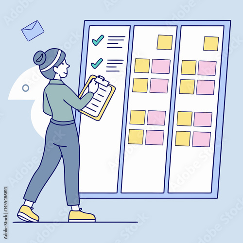 Digital kanban board showing to-do, in progress, and done tasks, agile project management vector, soft blue background