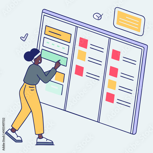 Digital kanban board showing to-do, in progress, and done tasks, agile project management vector, soft blue background