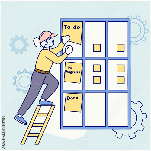 Digital kanban board showing to-do, in progress, and done tasks, agile project management vector, soft blue background