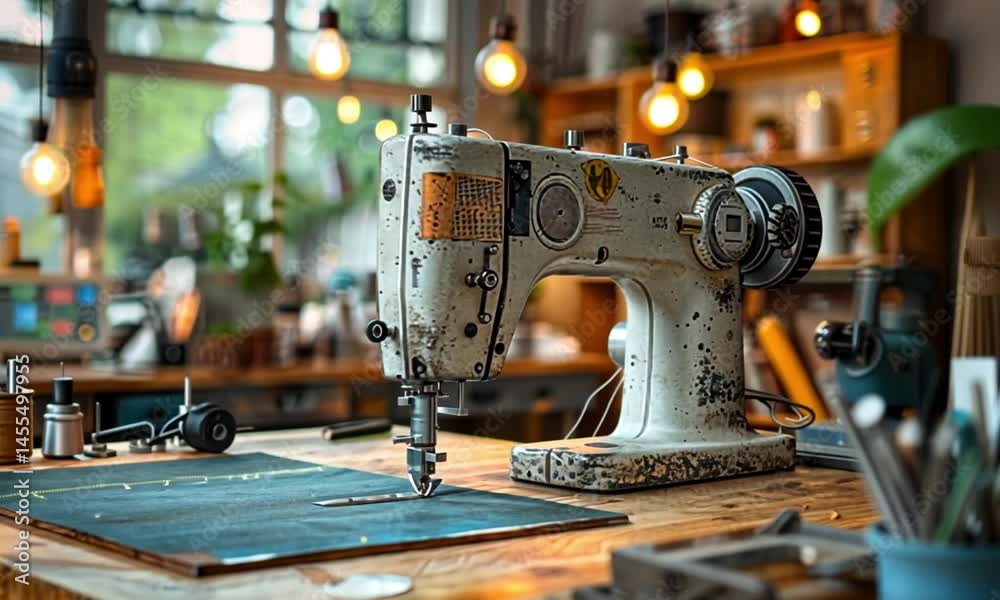 Vintage sewing machine on wooden workbench.