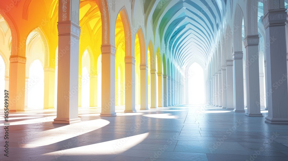 A bright, colorful passageway lined with arches and illuminated by sunlight. A bright, colorful passageway lined with arches and illuminated by sunlight.