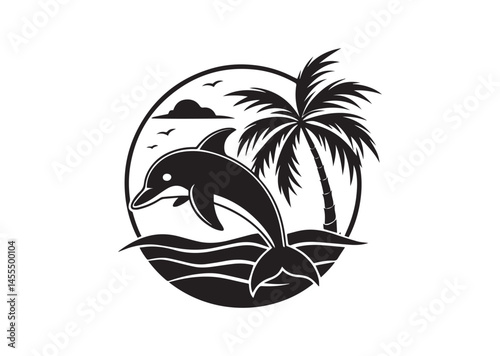 Dolphin Palm Tree Sunset Design, Dolphin Palm Tree Silhouette Vector
