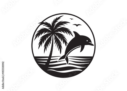 Dolphin Palm Tree Sunset Design, Dolphin Palm Tree Silhouette Vector