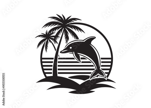 Dolphin Palm Tree Sunset Design, Dolphin Palm Tree Silhouette Vector