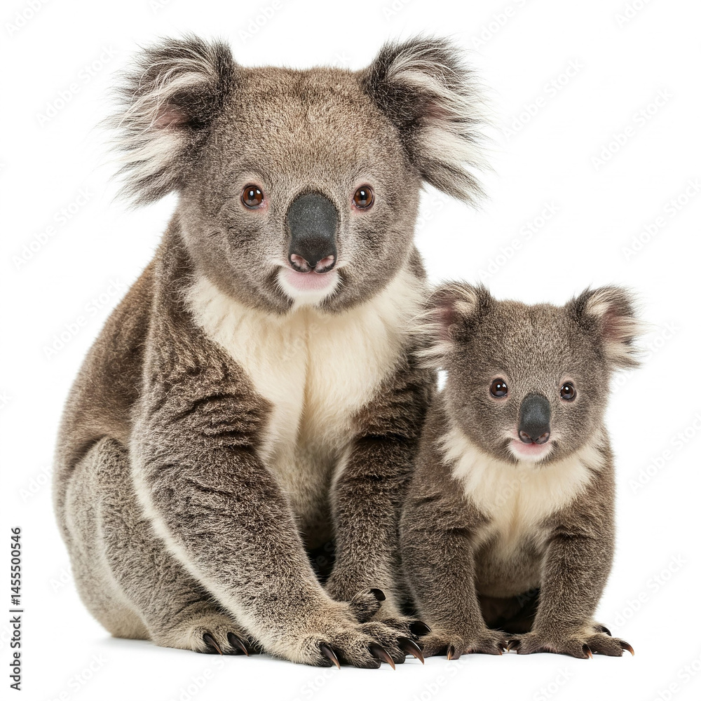Fototapeta premium Two Koalas Sitting Together, Isolated on White Background