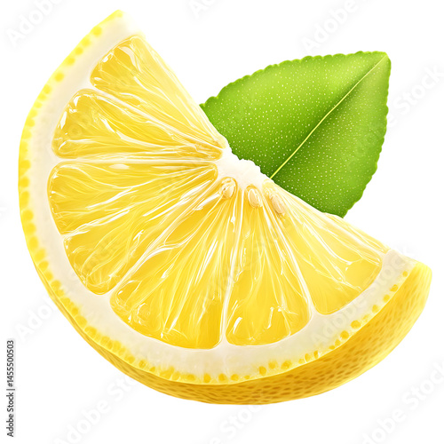 Realistic Photo of a Lemon Slice with Green Leaf on Transparent Background
