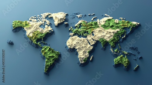 A world map drawn in an isometric 3D perspective.