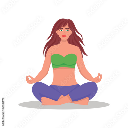 The girl is sitting in the lotus position, doing yoga and meditation. A calm girl sits in the lotus position and relaxes, a simple vector illustration.