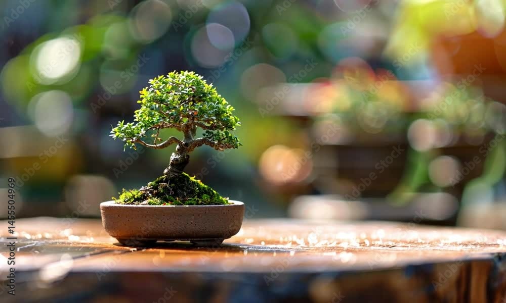 Miniature bonsai tree in pot, outdoor setting.