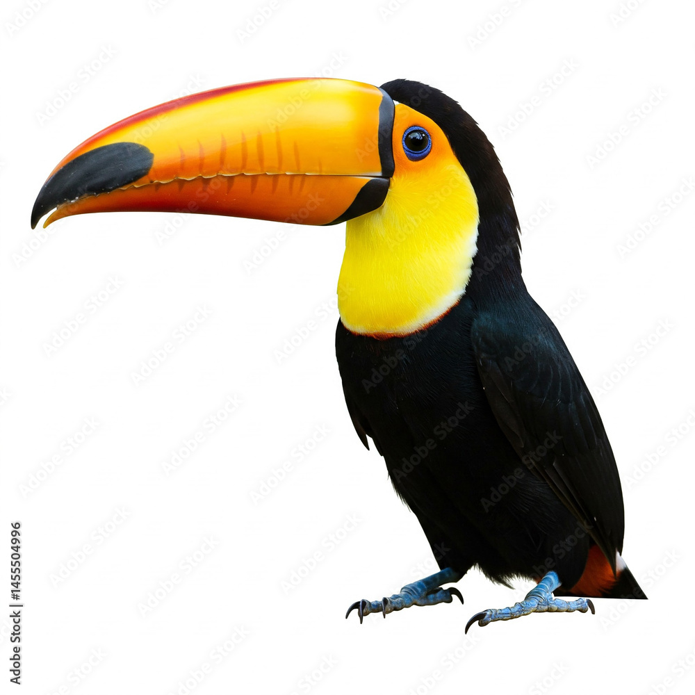 Fototapeta premium Toucan on a branch Toucan on a white background, Toucan Bird Full Body, Isolated on White Background