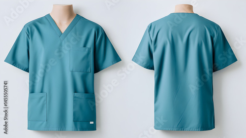 Front and back views of teal blue standard scrubs set, V-neck top with chest pocket, drawstring pants, lightweight polyester blend, placed flat on white background, wide aerial healthcare uniform