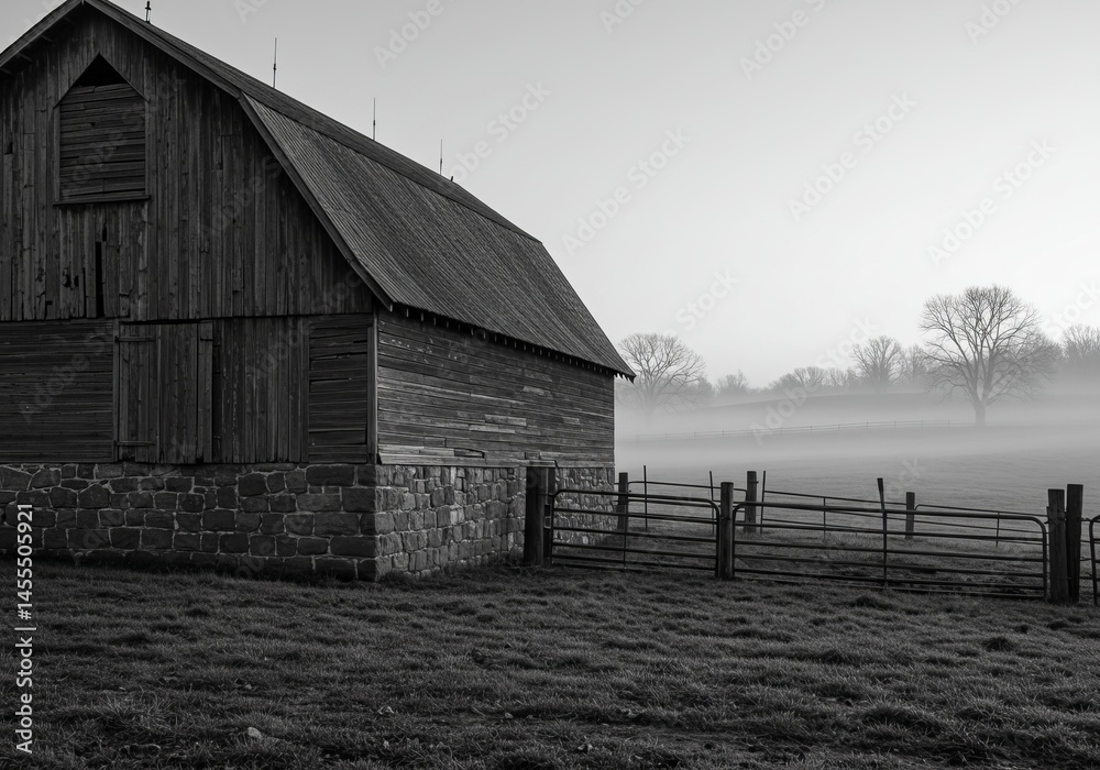 Rustic Barn with Foggy Pasture Black and White Farm Landscape Rustic Barn with Foggy Pasture Black and White Farm Landscape