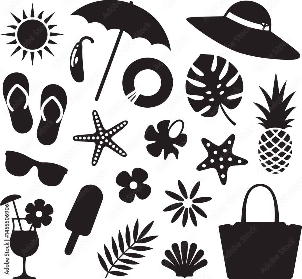 Naklejka premium Beach Day Summer Vibes SilhouetteSunset at the Seaside Vector SceneSummer Fun with Friends SilhouettePalm Trees and Sunlight IllustrationHot Summer Adventure Silhouette Art