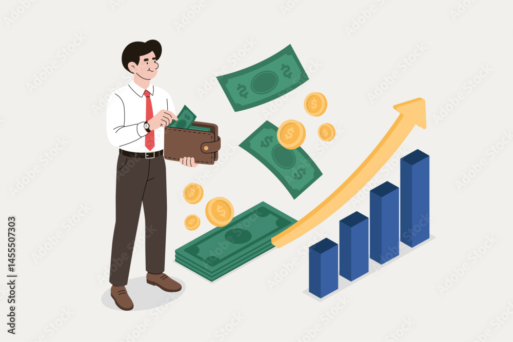 Man Holding Wallet with Cash and Financial Growth Chart