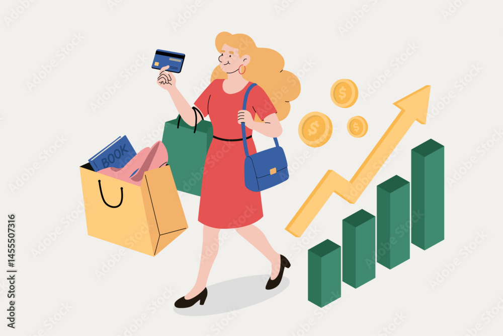 Shopping Woman with Credit Card and Spending Growth Chart