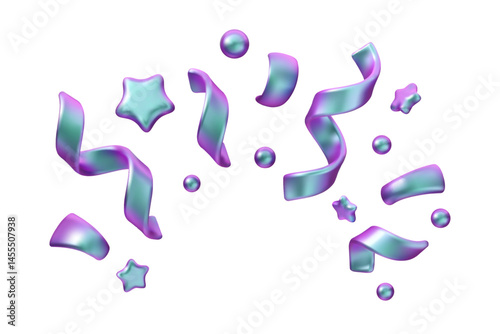Holographic effect vector 3d confetti set. Iridescent abstract shapes, shining happy birthday emoji. Blue and pink gradient serpentine frame. Celebration carnival illustration isolated