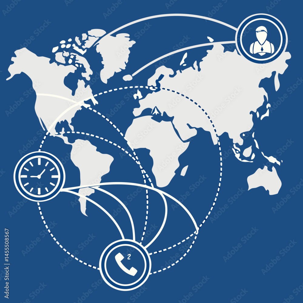 Naklejka premium Time zone map with overlapping meeting schedules for global teams, remote coordination concept, vector, blue background