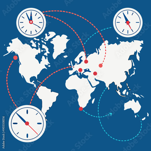 Time zone map with overlapping meeting schedules for global teams, remote coordination concept, vector, blue background