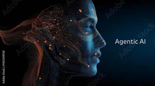 blue and orange flat vector icon for agentic AI abstract human silhouette connected to multiple satellite nodes, clean line art Agentic AI