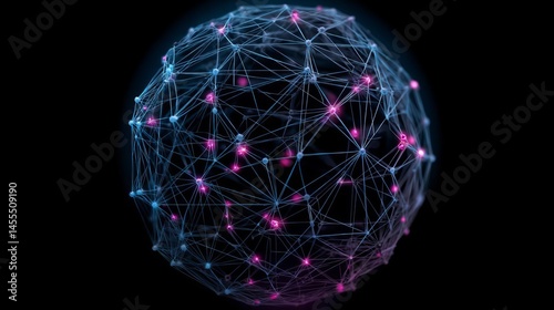 digital 3D network of AI agents glowing nodes and connecting lines forming a sphere, dark background, neon cyan and magenta Agentic AI