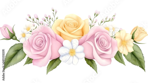 Watercolor Floral Arrangement of Pink and Yellow Roses on Transparent Background