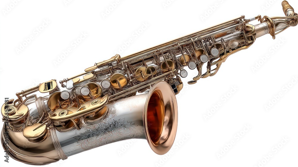 Obraz premium Golden Saxophone with Intricate Engraving and Shiny Finish Musical Instrument for Jazz and Cla