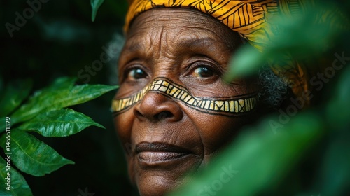 Elderly woman with tribal face paint