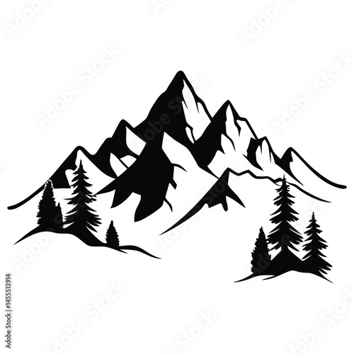 Detailed black and white vector illustration of mountain range silhouette with snowy peaks,
Mountain Vector Design.