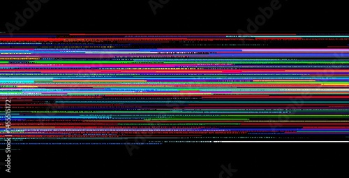 Horizontal glitch lines in neon colors resembling digital error or corrupted data, creative abstract style on a dark background. Ai generative