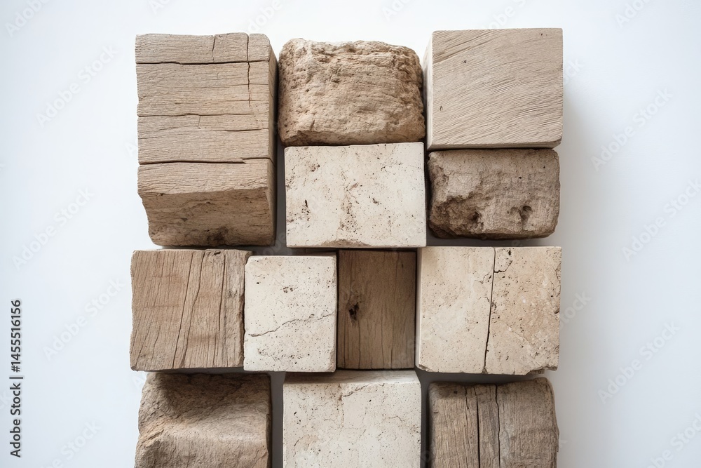 Fototapeta premium Organized, textured wooden and stone blocks arranged in a grid pattern Natural materials arranged in a precise composition