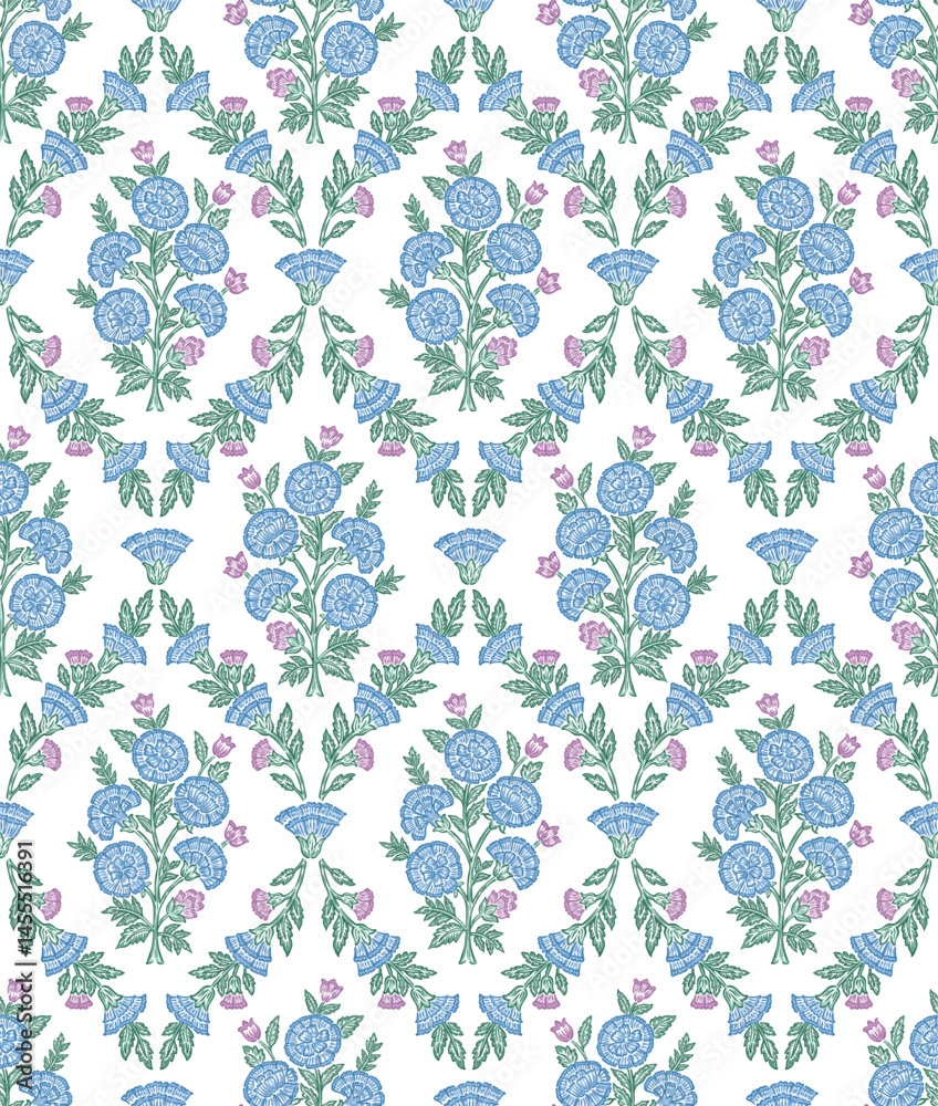 Boho Floral repeat pattern, Block print , Flower damask, floral vector file, ogee pattern, global print, seamless floral