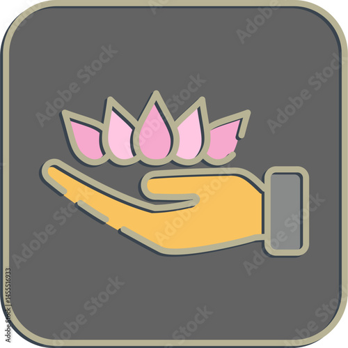 Icon lotus on hand. Buddhism and vesak elements. Icon in embossed style.