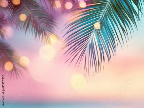 Dreamy Tropical Paradise with Palm Leaves and Bokeh Lights at Sunset for Relaxing Summer Vibes