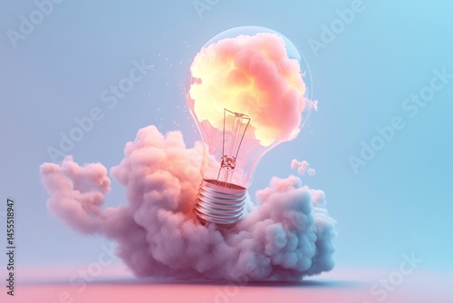 glowing light bulb ascending with vapor and flames, 3D render of innovation
