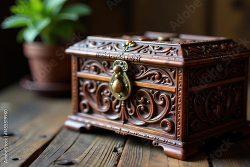 Elegant wooden jewellery box, intricate carvings , texture, gift, box