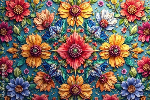 Intricate floral textile design, repeating motif , artwork, surface, graphic