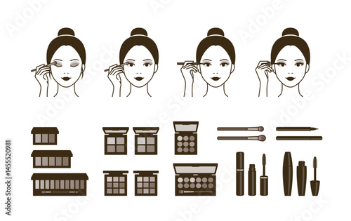 Icons of applying Eyeshadow, Eyeliner, Mascara to wear eye makeup(makeover)