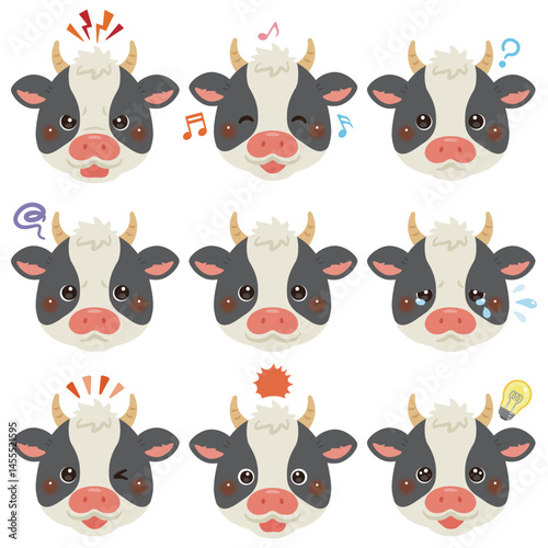 ウシのイラストセット　顔表情のみ