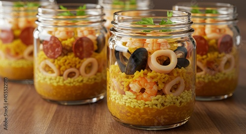 Delicious seafood paella recipe in glass jars ready to eat red rice dish meal squid lunch tasty fresh