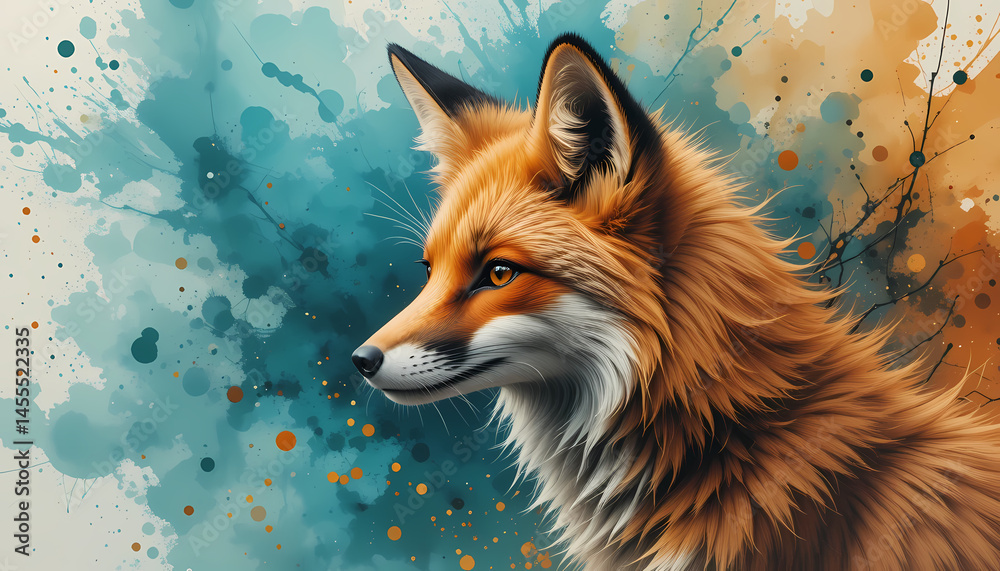 Fototapeta premium Elegant Fox Portrait with Watercolor Splatter Background