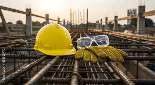 Yellow construction helmet, gloves, and safety goggles placed on steel beams at a construction site, symbolizing worker safety,preparation, architecture, heavy duty