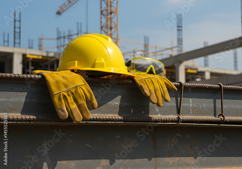 Yellow construction helmet, gloves, and safety goggles placed on steel beams at a construction site, symbolizing worker safety,preparation, architecture, heavy duty