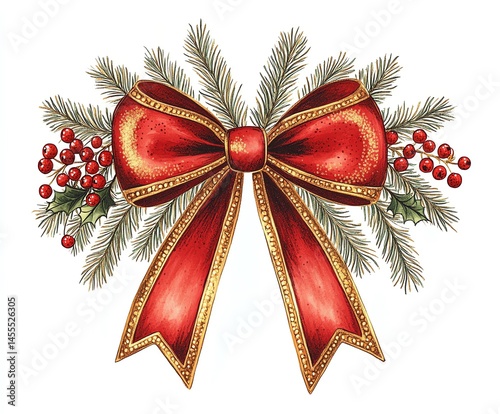 A Festive Red Bow with Gold Accents, adorned with Holly and Pine Branches, creates a charming Christmas Decoration. photo
