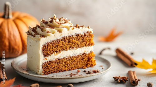 Delicious pumpkin cake slice on a plate.
