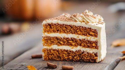 Delicious pumpkin spice cake slice, close-up view.